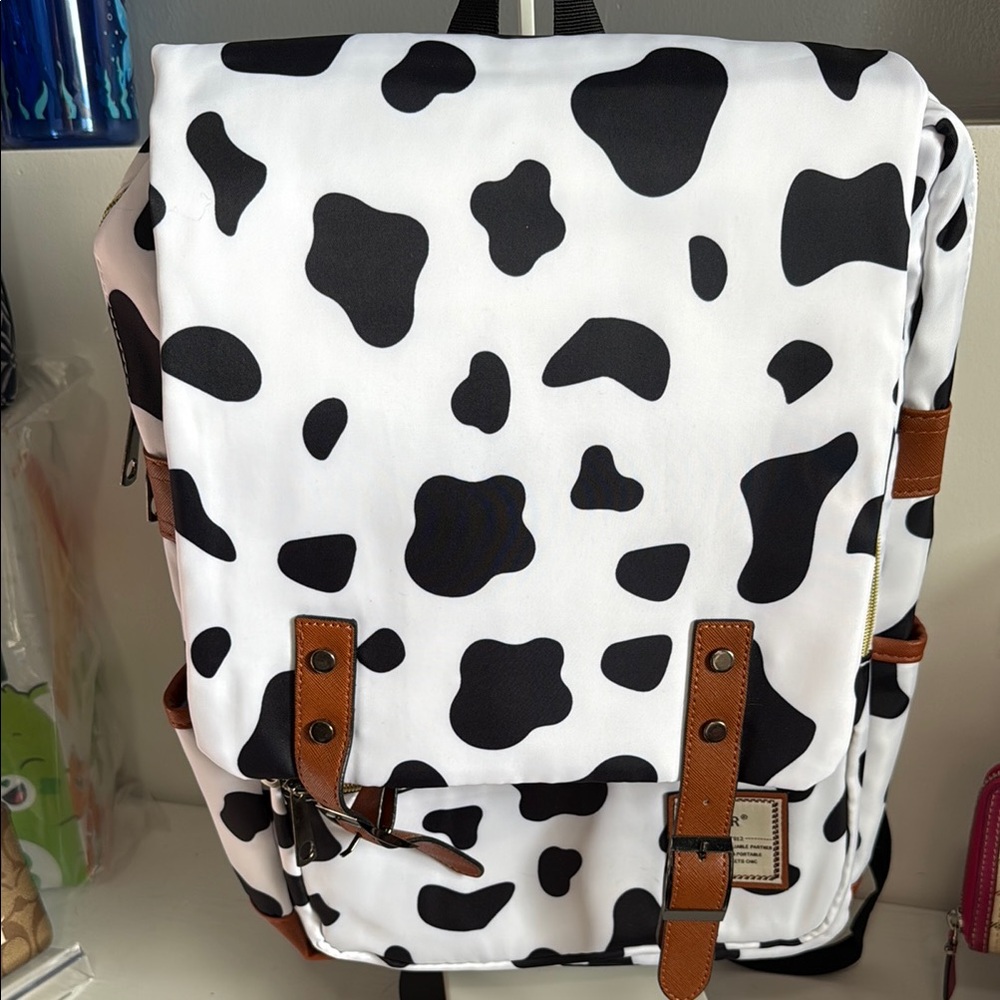 Cow Print laptop Backpack with Brown Accents nwot